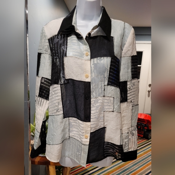 Blue Ice see through button down patchy blouse - Picture 1 of 11